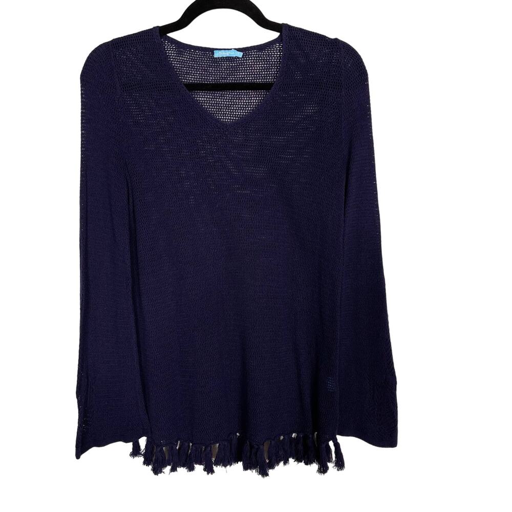J Mclaughlin Small S Navy Blue Fringe Tassel Open Knit Sweater Long Sleeve VNeck